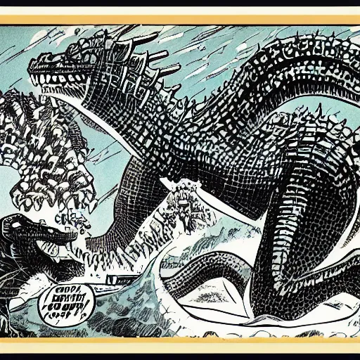 Prompt: 1 9 6 0 comic of godzilla by jack kirby, kirby dots, 4 k, detailed, intricate