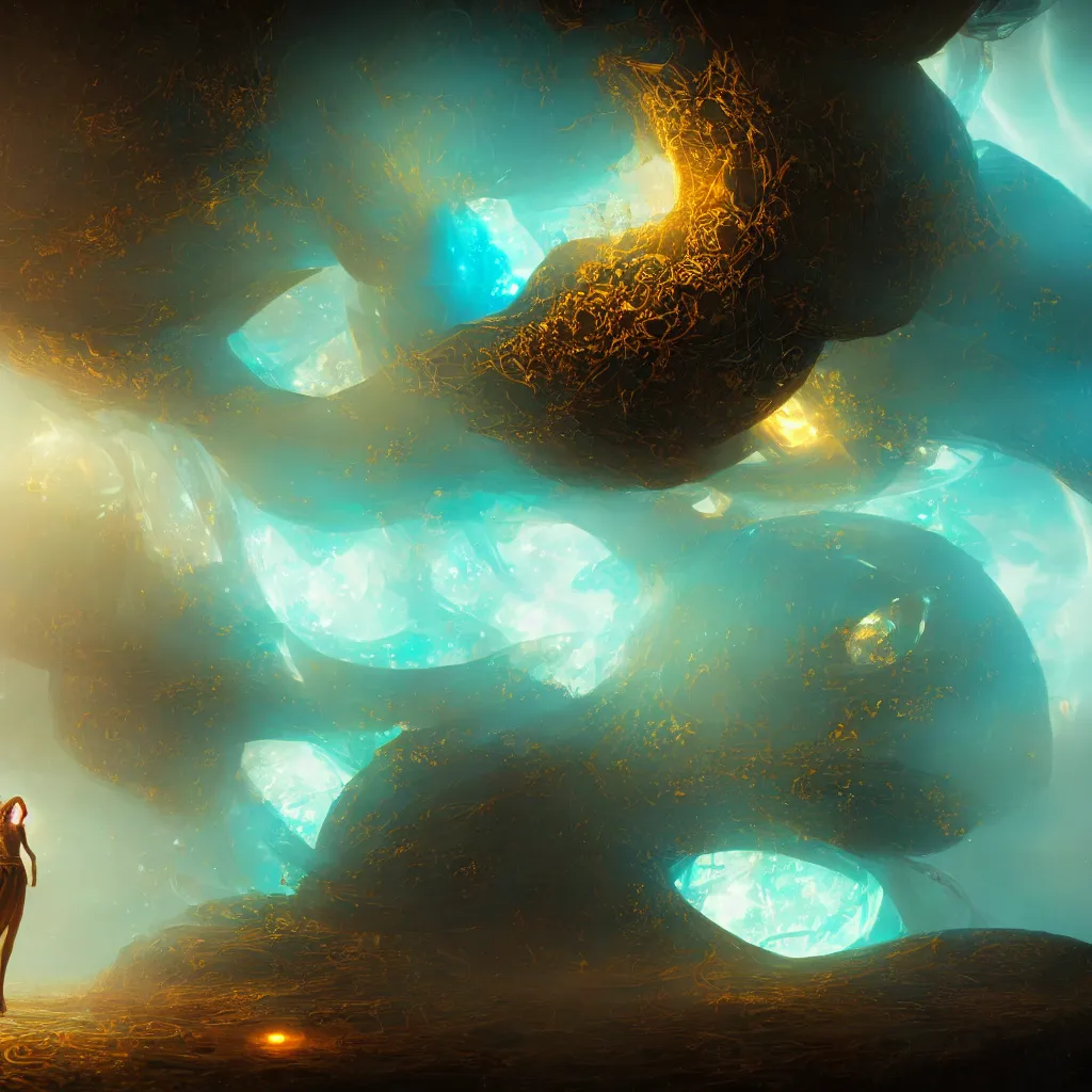 Image similar to within a flower the whole and finite capsule apparent with awe the apparition, an idea seep's into infinity highly detailed in volumetric latent space, golden turquoise steampunk, high contrast cinematic light, mystical shadows, sharp focus, divine realm of gods, octane render, artist by greg rutkowski,