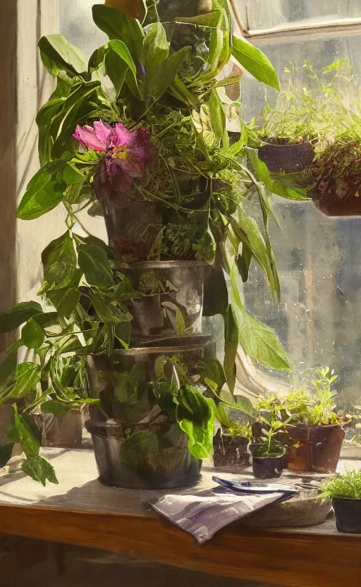 Prompt: dittany in a pot, on wooden table in the ray of sunshine in greenhouse, dried herbs and scissors in a table, oil painting, sharp focus, high detailed, calm, warm lighting, sparkles, digital art, concept art, by Rutkowsky, baroque