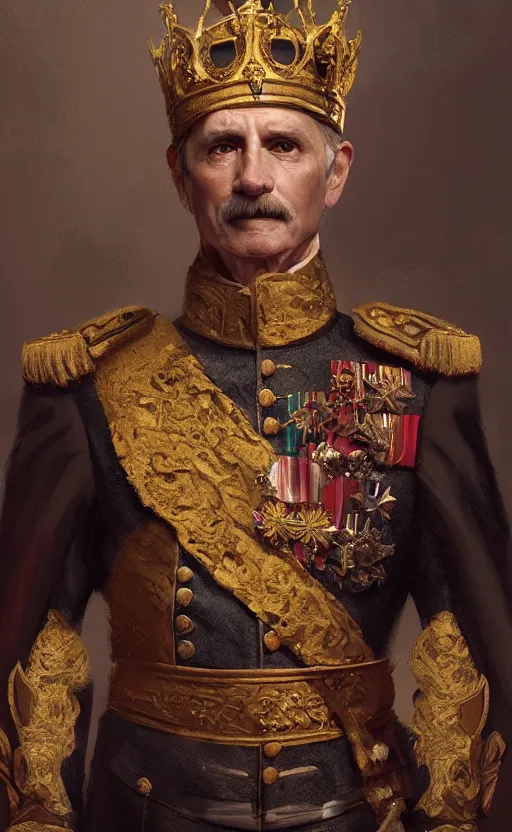 Prompt: Portrait of a middle aged man wearing a ceremonial uniform and a crown, male, detailed face, renaissance, highly detailed, cinematic lighting, digital art painting by greg rutkowski