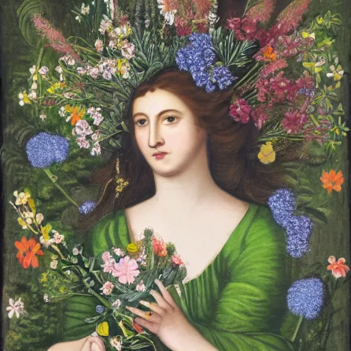 Image similar to portrait of the goddess of nature dressed in a green dress surrounded by flowers and nature