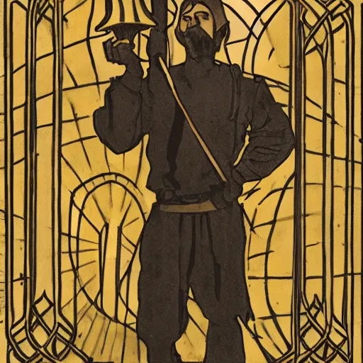 Image similar to a man holds a torch and explores a Dungeon, luminous, Art Nouveau