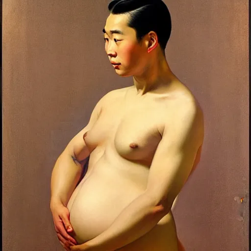 Image similar to Beautiful painting of a masculine young Asian male, pregnancy, round belly, pinup poster by J.C Leyendecker and Norman Rockwell