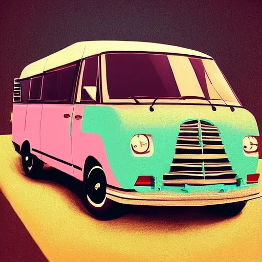 Image similar to retro painting illustration of a volswagen van, 2 d, pastel color, retro style art, trendy on artstation
