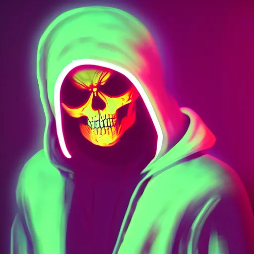 Image similar to skeletor in hoodie, portrait, vaporwave, synthwave, neon, vector graphics, cinematic, volumetric lighting, f 8 aperture, cinematic eastman 5 3 8 4 film, photorealistic