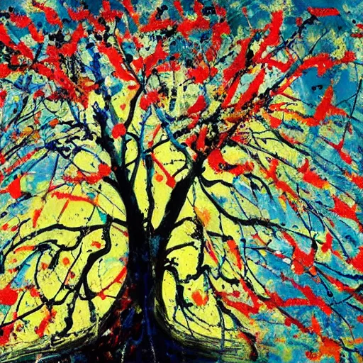 Prompt: beautiful painting of a wish tree, very detailled, painted by jackson pollock