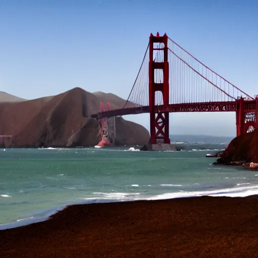 Prompt: a destroyed and deserted golden gate bridge