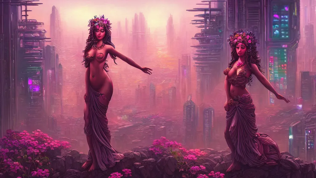 Image similar to a beautiful 4K portrait painting of a flower goddess in a sensual pose, in the style dan mumford artwork, in the background a futuristic cyberpunk city is seen.