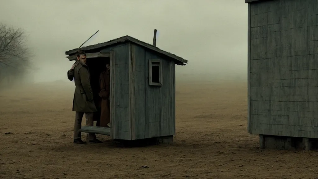 Image similar to a man in a trench coat walks into a shack, old technology lines the walls, film still from the movie directed by Denis Villeneuve, wide lens