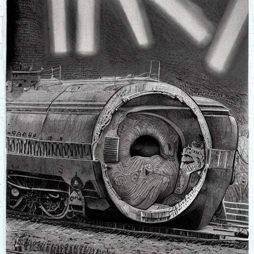 Image similar to boxcar made of human meat and bone, biomechanical railroad, highly detailed, War Photography, by H.R. Giger