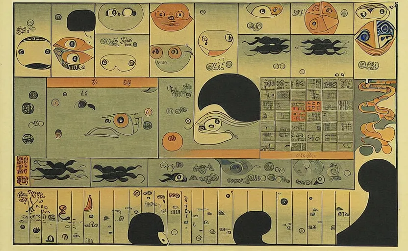 Image similar to business dashboard with time series charts, pie plots and other modern graphics, with small creatures with many eyes. diego rivera ( with slight ukiyo - e influence ). ravi supa.