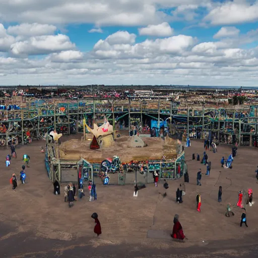 Image similar to a wide-angle aerial view photo of Dismaland Bemusement Park by Banksy, 8k, award winning photography