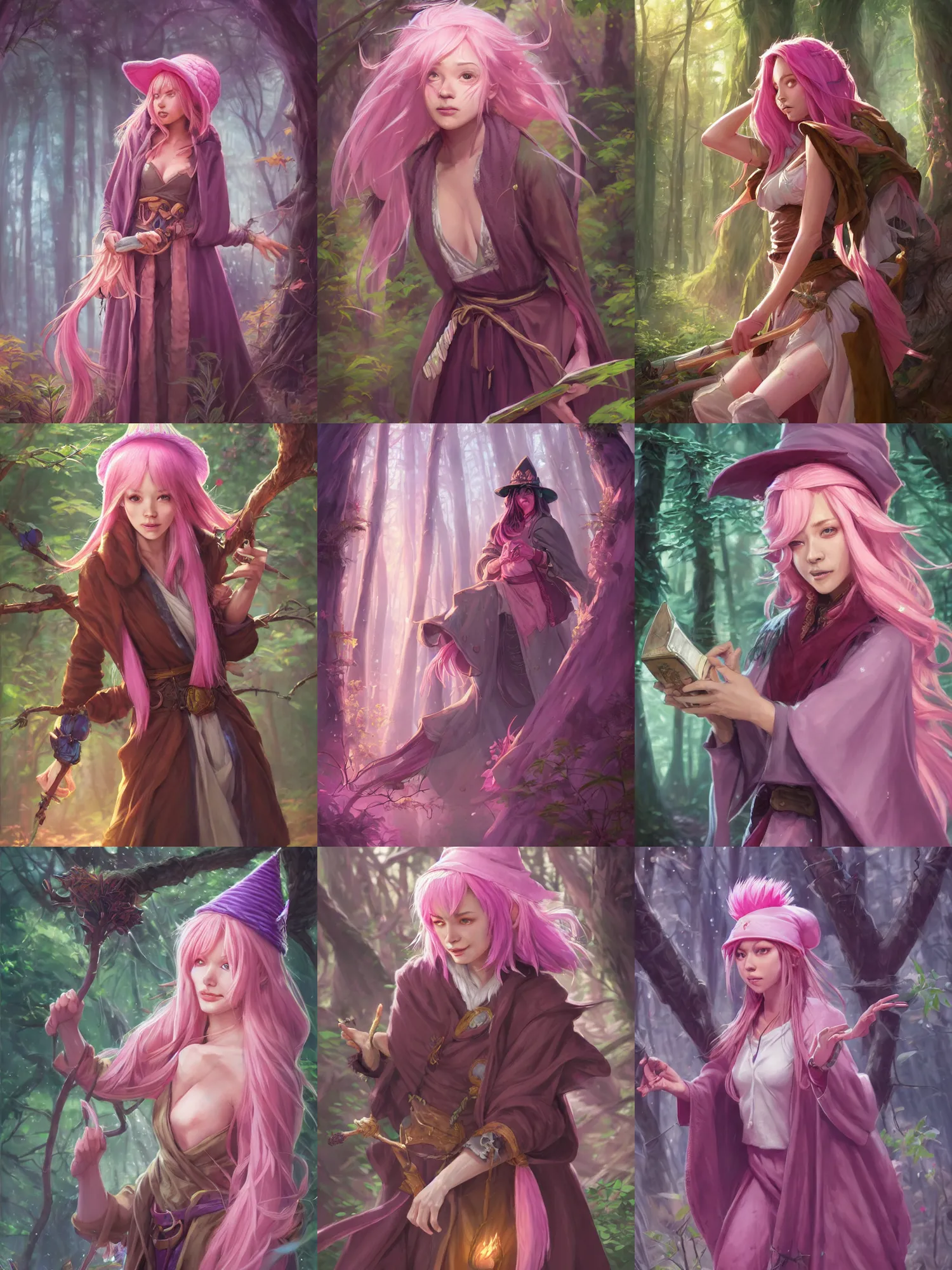 Prompt: picture of cute female wizard in the forest, ferred - themed robes and hat, pink hair, brown skin, energetic, high fantasy, highly detailed, detailed faces, smooth, sharp focus, chiaroscuro, digital painting, concept art, rossdraws and moebius and jon mcnaughton