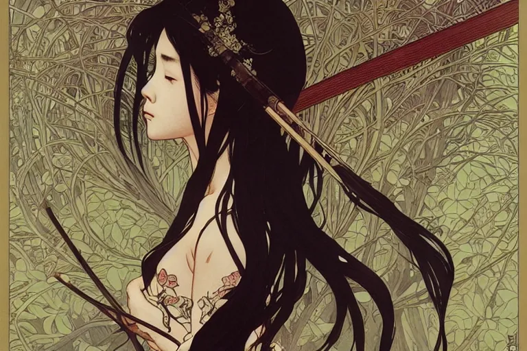 Image similar to beautiful cinematic fantasy poster, asian woman side view using a bokken in forest ; intricate complexity, by shigenori soejima, krenz cushart, alphonse mucha, takato yamamoto, conrad roset, 4 k, beautiful, high quality - h 9 6 0