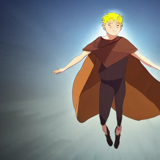 Image similar to blonde boy with golden eyes wearing a brown cape and flying in t pose, energy background, in the style of studio ghibli, artgerm