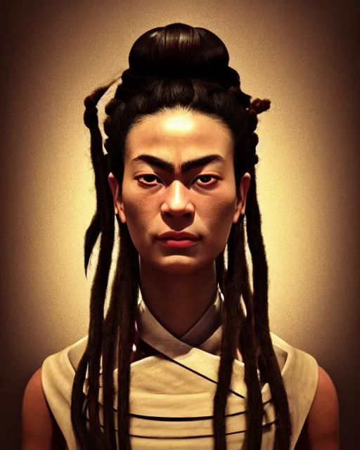 Prompt: front facing portrait of samurai with dreads, female, prismatic highlights, atmosphere, brown skin, beautiful, depth of field, cinematic, macro, concept art, 50mm, artstation, digital painting, elegant, epic, focus, octane render, v-ray, 8k, kodak portra, art by Frida Kahlo