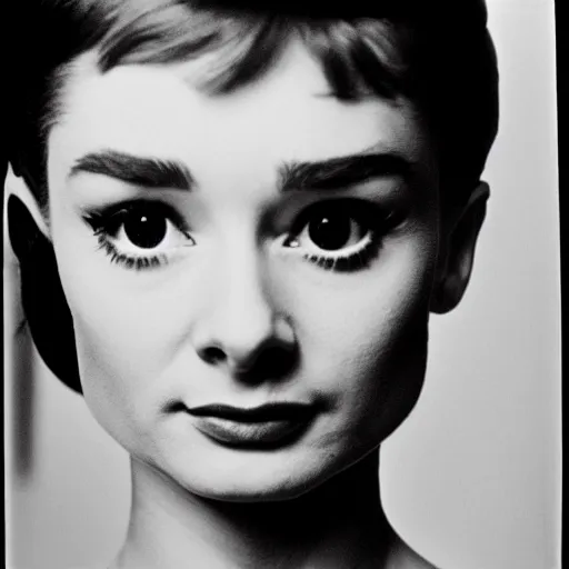 Prompt: photo of young Audrey Hepburn by Diane Arbus, extreme closeup, black and white, high contrast, Rolleiflex, 55mm f/4 lens