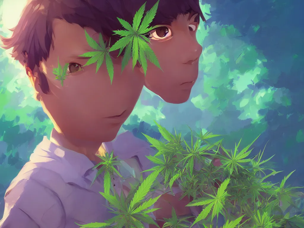 Image similar to kid with green purple flowers of marijuana hemp cannabis, behance hd by jesper ejsing, by rhads, makoto shinkai and lois van baarle, ilya kuvshinov, rossdraws global illumination, golden ratio, symmetrical beauty face