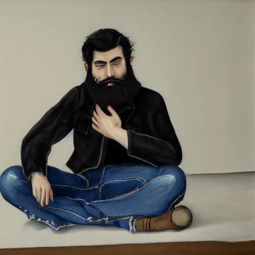 Image similar to a man with black hair and beard, wearing a black jacket, white shirt and jeans, sitting in an empty white room, devastated, highly detailed painting, 8 k