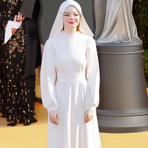 Prompt: A full body shot of Emma Stone wearing a nun dress , royality, high quality, fully detailed, 4k, in focus, detailed eyes