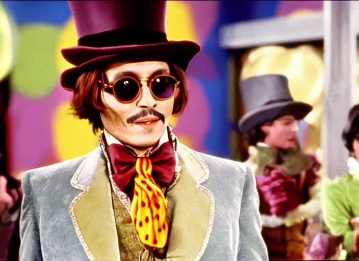 Image similar to film still of Johnny Depp as Willy Wonka in Willy Wonka and the Chocolate Factory 1971