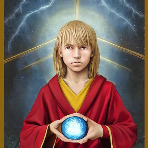 Image similar to Portrait of a 12 year old white boy with blond medium length hair, sitting cross-legged, wearing red sorcerer's robes, holding an illuminated crystal ball in his hands and gazing into it, inside of a cabin, Dungeon's & Dragons, digital illustration, deviantart, matte fantasy painting, by Jason Felix by Steve Argyle by Tyler Jacobson by Peter Mohrbacher