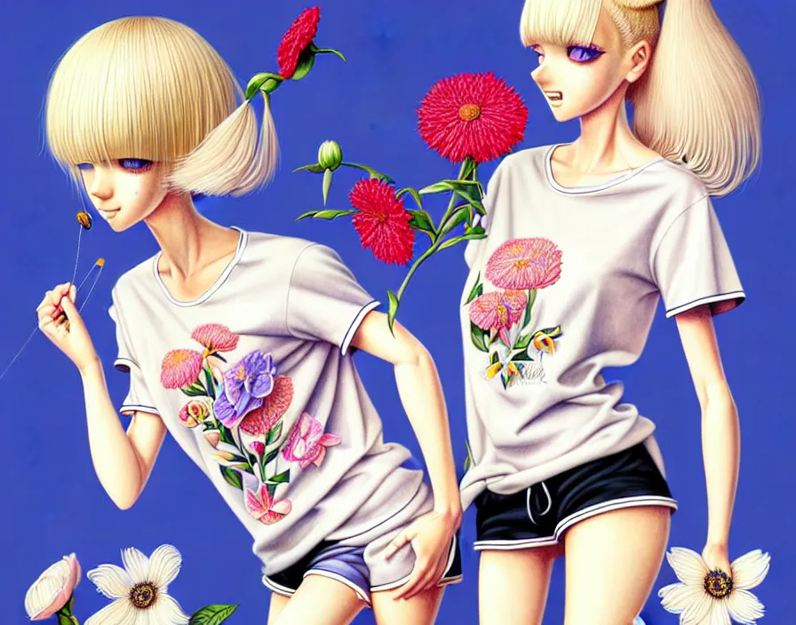 Image similar to richly detailed colored pencil 3D illustration of a beautiful French woman with short bleached blonde hair wearing a long Tshirt and black shorts that is sewing thread drawings of flowers into her thigh. mirrored background with completely rendered reflections, art by Range Murata and Artgerm.