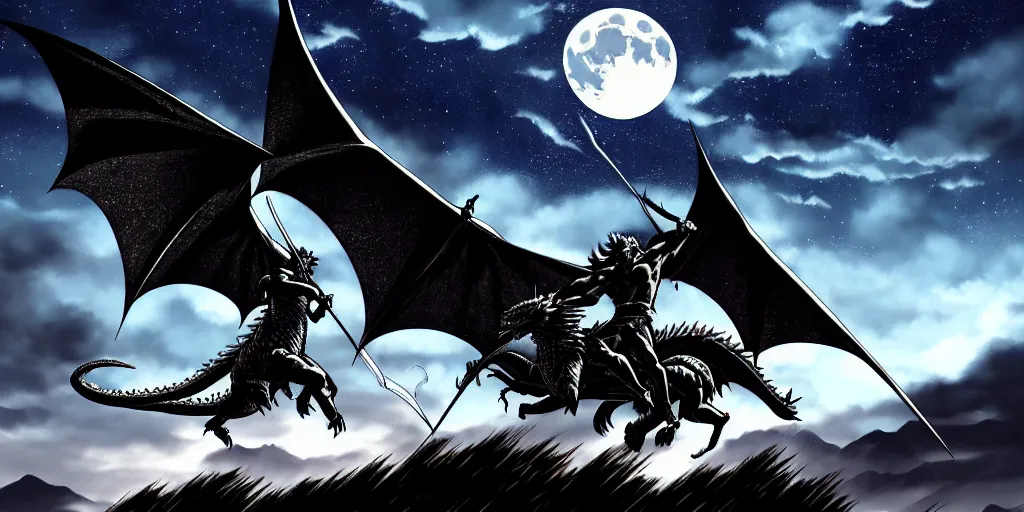 Prompt: archer. dragon. night sky. moon. mountain. dark fantasy. epic fight. detailed. digital art. artstation. by kentaro miura