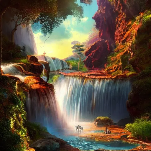 Image similar to landscape with waterfalls and stunning light and cheerful colors, epic composition, cinematic lighting, masterpiece, trending on artstation, very very detailed, masterpiece, stunning