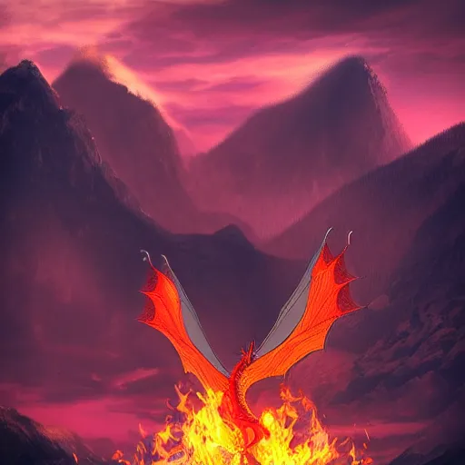 Image similar to photo of read fire breathing dragon under a mountain