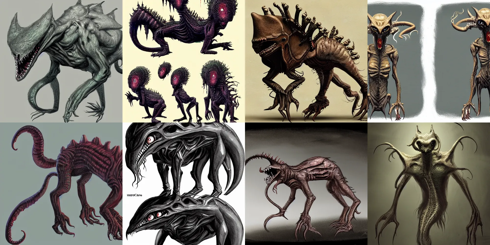 Prompt: concept art of quadruped alien creature realistic, with no hair and scary look, lovecraft, horror movie