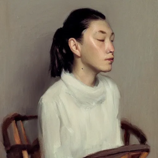 Prompt: woman with ponytail hairstyle, sitting in wooden chair, in the style of jeremy lipking