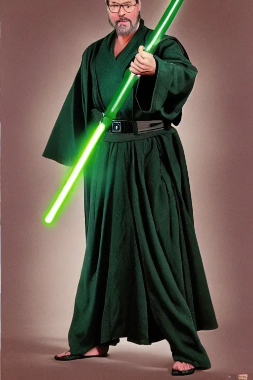 Prompt: photorealistic!! actor jonathan frakes as a jedi knight, olive jedi robe, holding a green lightsaber, film quality