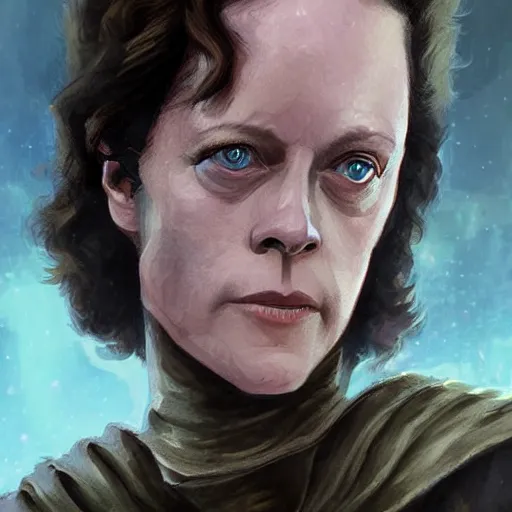 Prompt: young sigourney weaver as a d & d wizard, character portrait by wlop