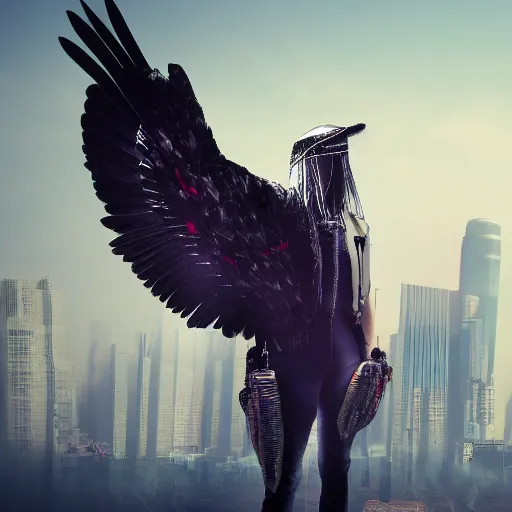 Image similar to eagle with ironed feather wings, cyberpunk, 4 k, bouquet cinema effect,