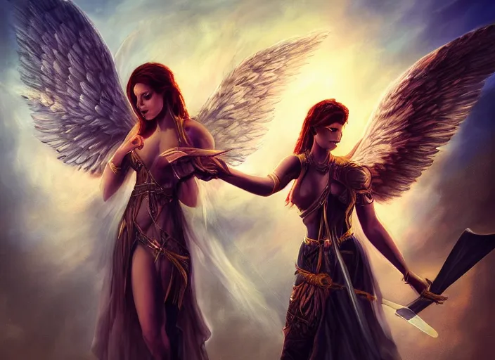 Image similar to a digital painting of an angel holding two swords, a digital rendering by jan tengnagel, fantasy art, deviantart uhd, deviantart, apocalypse art, ray tracing, highly detailed, high quality, 8 k resolution