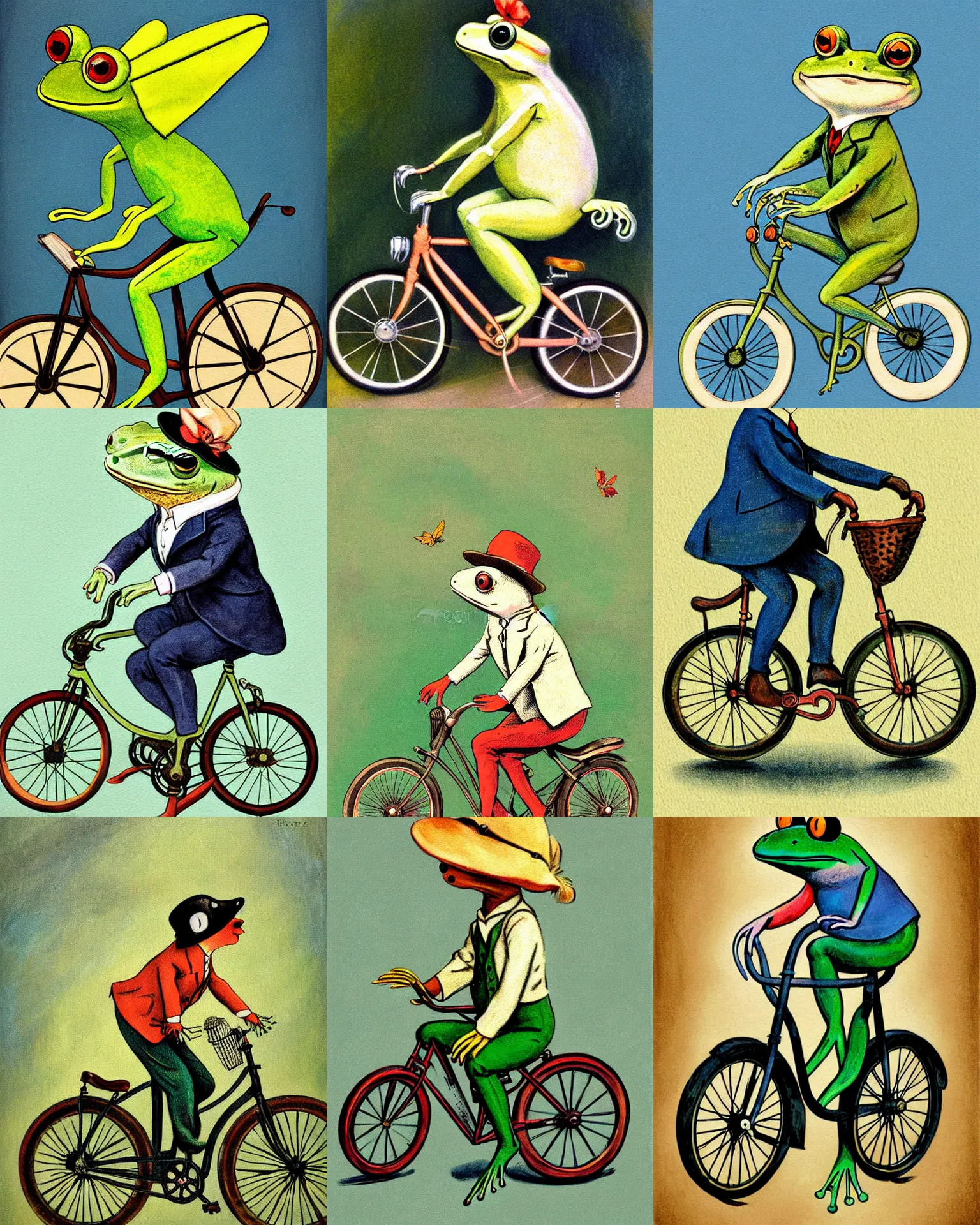 Prompt: painting 1920s Frog in vintage suit riding on bike Illustration from children book Vintage, soft light by Beatrix Potter and Alexander Trufanov and Andrei Riabovitchev and Monia Merlo