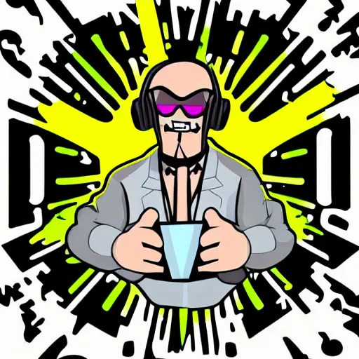 Image similar to svg vector sticker of absolutely insane-mad-scientist-villain, rocking out, wearing headphones, huge speakers, dancing, rave, DJ, spinning records, digital art, amazing composition, rule-of-thirds, award-winning, trending on artstation, featured on deviantart