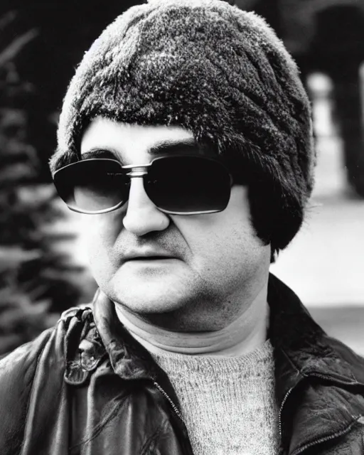 Image similar to headshot of john belushi wearing a russian trapper soviet ushanka bomber hat knitted leather earflap fur lined winter cap and aviator goggles, he is also wearing an a 2 flight jacket, a long white scarf is wrapped around his neck, he has a 5 o'clock shadow, a crazed angry look on his face