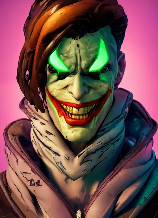 Image similar to glowwave portrait of joker from borderlands 3, au naturel, hyper detailed, digital art, trending in artstation, cinematic lighting, studio quality, smooth render, unreal engine 5 rendered, octane rendered, art style by klimt and nixeu and ian sprigger and wlop and krenz cushart.