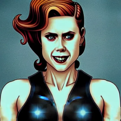 Prompt: gorgeous amy adams : : vampire : : rafeal albuquerque comic art : : sharp teeth : : symmetrical face, symmetrical eyes : : gorgeous red hair : :