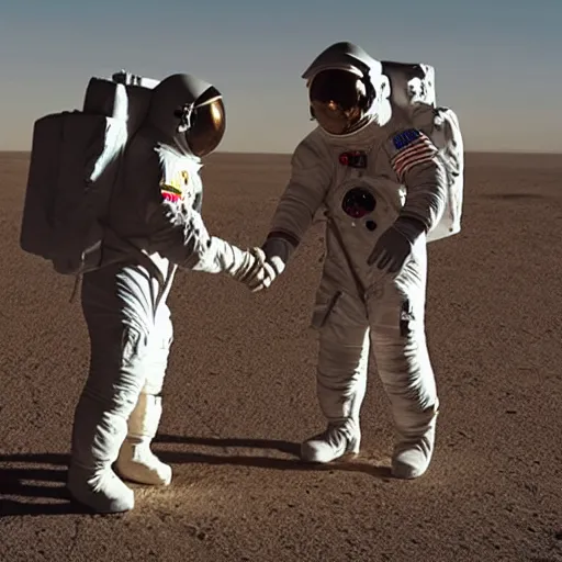 Image similar to two astronauts standing in the middle of a desert shaking hands, one of the astronauts are on fire