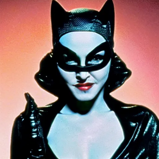 Image similar to A still of Madonna as Catwoman from Batman Returns. Extremely detailed. Beautiful. 4K. Award winning.