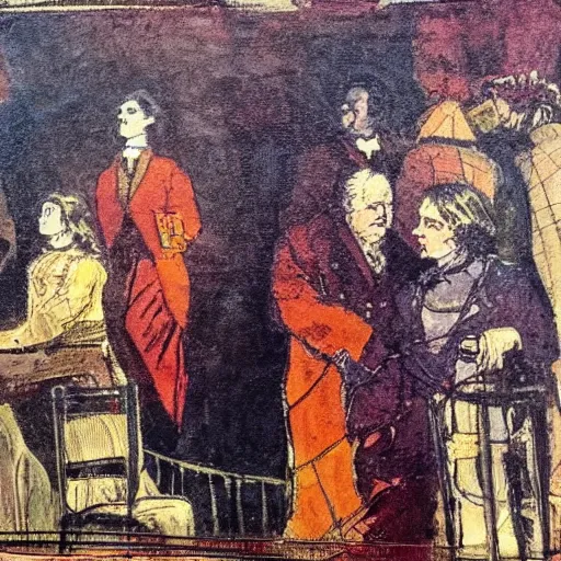 Image similar to a panting about victorian society, drawn in abstract with warm colors, with lines drawn straight with penned ink