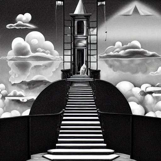 Image similar to A black and white freemasonic chequered surrealist digital painting of a stairway to into the clouds in the art style of jeff koons, Gilbert williams, Edwin Frederic Church and Christopher Balaskas, trending on artstation, 4k UHD