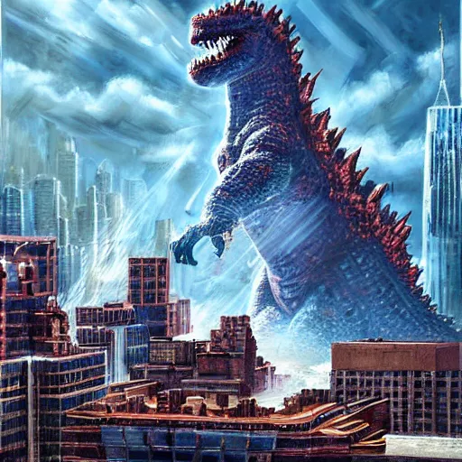 Prompt: a hyper-realistic studio oil-painting of a giant Godzilla destroying new-york in minecraft!!!!!; hyper-detailed; an extraordinary masterpiece!!!; flawless; trending on artstation