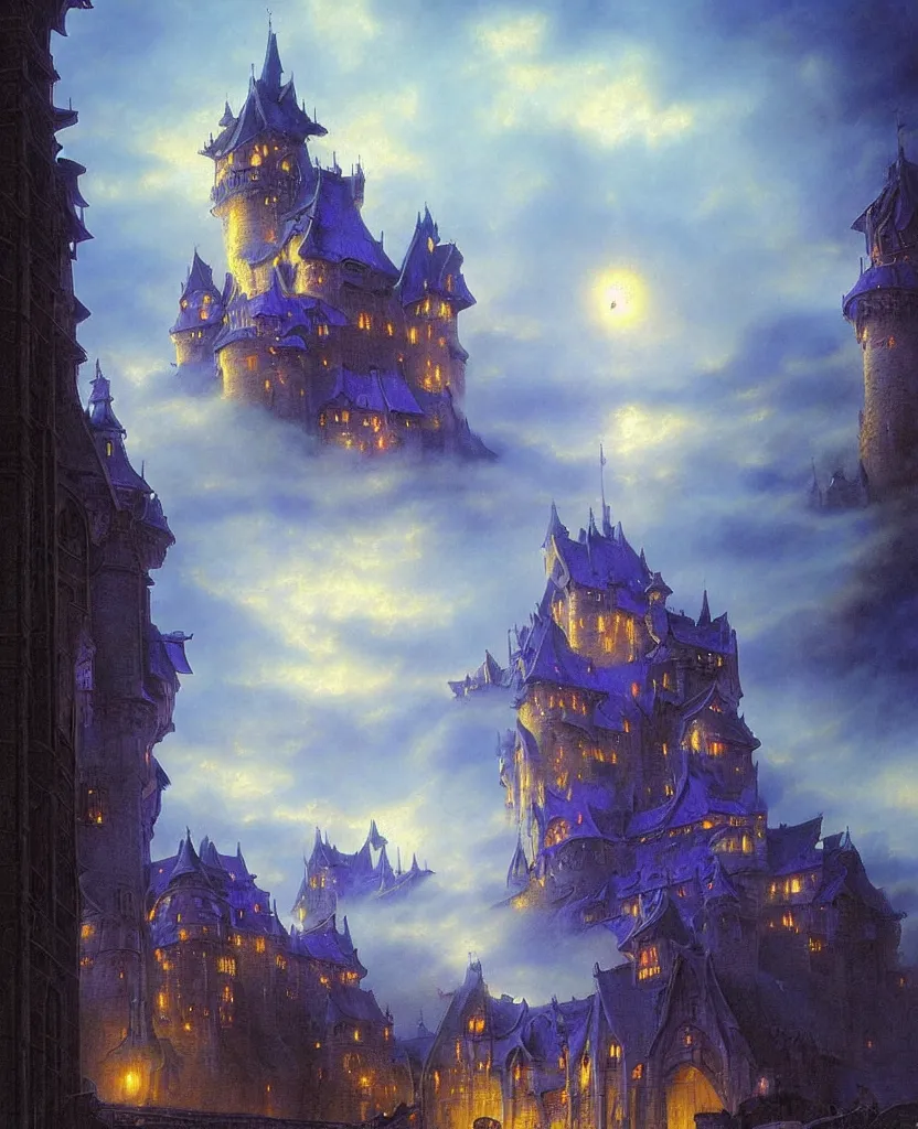 Prompt: beautiful matte airbrush painting of a european medieval castle made of light, ispired b yoshitaka amano and gilbert williams, clear painting and good lighting, dark blue and intense purple color palette, mystical fog, art by gilbert williams, andreas achenbach, clement ascher, tom bagshaw and sabbas apterus, high quality