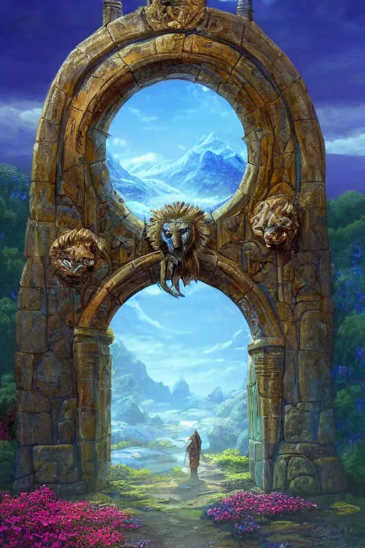 Image similar to A giant medieval fantasy blue energy portal gate with a rusty gold carved lion face at the center of it, the portal takes you to another world, full of colorful flowers on the lost Vibes and mountains in the background, spring, delicate fog, sea breeze rises in the air, by andreas rocha and john howe, and Martin Johnson Heade, featured on artstation, featured on behance, golden ratio, ultrawide angle, f32, well composed, rule of thirds, center spotlight, low angle view