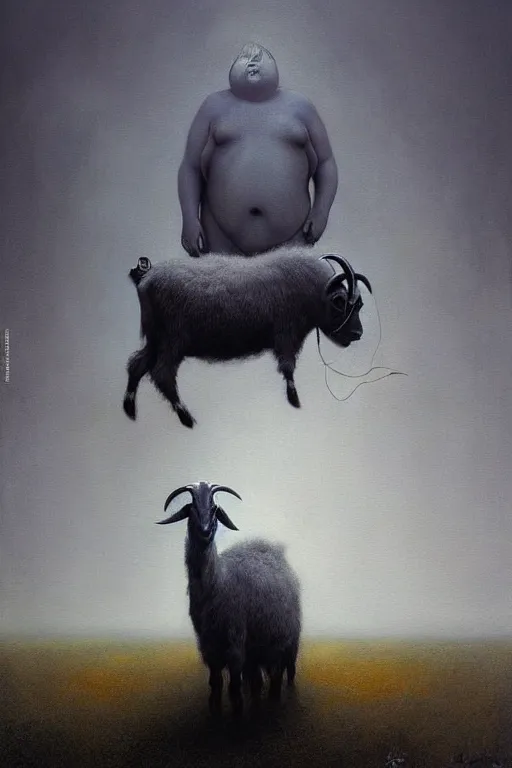 Image similar to painting of hybrid between human andy milonakis and a goat, by zdzislaw beksinski, by tiffany bozic, cold hue's, warm tone gradient background, concept art, beautiful composition, digital painting