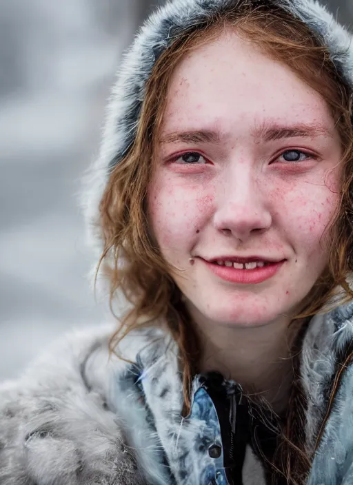 Image similar to Mid-shot portrait of a beautiful 20-year-old woman from Iceland, smile, candid street portrait in the style of Martin Schoeller award winning, Sony a7R